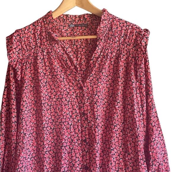 ZARA Red/Black Floral Print Button Down Mini Dress. Size Large. - Picture 3 of 10